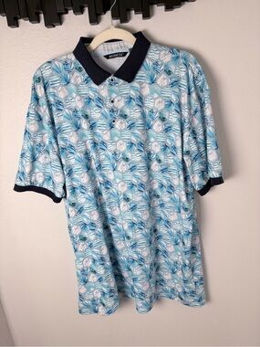 Men's Light Blue Geometric Tropical Patterned Polo with Navy Trim Size XXL